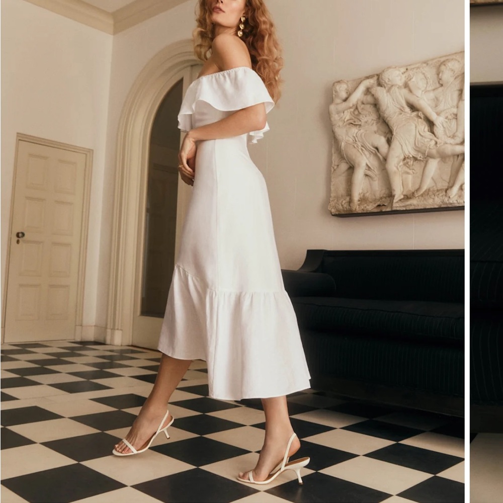 Reformation Baela Linen White Off-Shoulder Dress